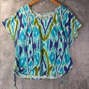 Lane Bryant Ikat Green & Blue Print Cotton Top Drawstring Hem 18/20 100% Cotton